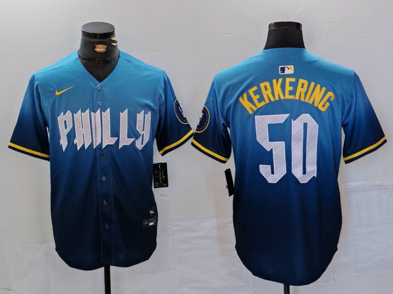 Men Philadelphia Phillies #50 Kerkering Blue City Edition Nike 2024 MLB Jersey style 3
